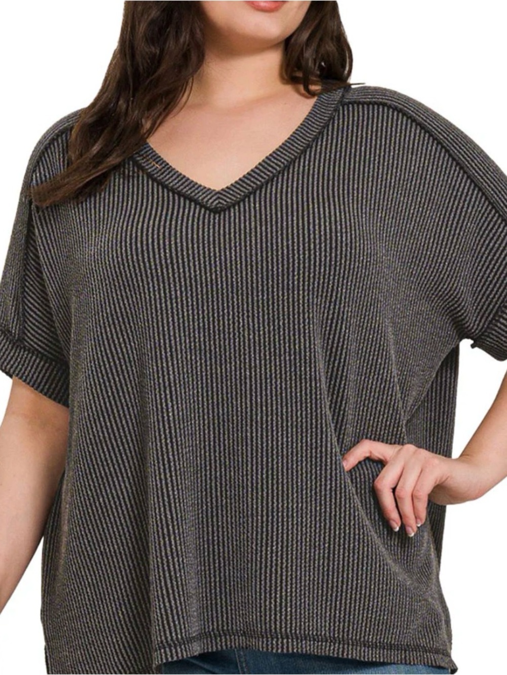 ZENANA Ribbed V-Neck Knit Top in Charcoal Xl